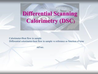 Differential Scanning
Calorimetry (DSC)
Calorimeter-Heat flow in sample
Differential calorimeter-heat flow in sample vs referance as function of time
mJ/sec.
 