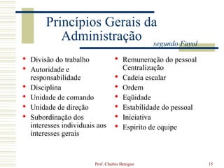 Princípios Gerais da
          Administração segundo Fayol
 Divisão do trabalho              Remuneração do pessoal
 Autoridade e                      Centralização
  responsabilidade                 Cadeia escalar
 Disciplina                       Ordem
 Unidade de comando               Eqüidade
 Unidade de direção               Estabilidade do pessoal
 Subordinação dos                 Iniciativa
  interesses individuais aos       Espiríto de equipe
  interesses gerais


                        Prof. Charles Benigno                 15
 