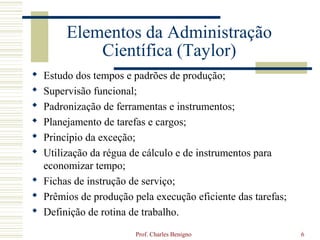 Elementos da Administração
           Científica (Taylor)
 Estudo dos tempos e padrões de produção;
 Supervisão funcional;
 Padronização de ferramentas e instrumentos;
 Planejamento de tarefas e cargos;
 Princípio da exceção;
 Utilização da régua de cálculo e de instrumentos para
  economizar tempo;
 Fichas de instrução de serviço;
 Prêmios de produção pela execução eficiente das tarefas;
 Definição de rotina de trabalho.

                       Prof. Charles Benigno                 6
 