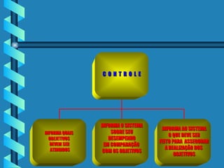 C  O  N  T  R  O  L  E INFORMA QUAIS  OBEJETIVOS  DEVEM SER ATINGIDOS INFORMA O SISTEMA SOBRE SEU DESEMPENHO  EM COMPARAÇÃO  COM OS OBJETIVOS INFORMA AO SISTEMA O QUE DEVE SER FEITO PARA  ASSEGURAR A REALIZAÇÃO DOS  OBJETIVOS 