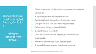 Teoria neoclássica
da administração |
ParteV,Capítulo
7
1. Definir claramente os objetivos da empresa e componentes,
por escrito.
2. A organização deve ser simples e flexível.
3. Responsabilidade compatível à função e ao cargo.
4. Designar funções com base na homogeneidade.
5. Definir autoridade e responsabilidade.
6. Descentralizar a autoridade.
7. Limitar o número possível de posições do indivíduo na
organização.
8. Minimizar o número de níveis de autoridade.
9. A autoridade deve ter responsabilidade absoluta.
Princípios
(segundo Alvin
Brown)
Prfª Fernanda Couceiro | fernanda.facx@hotmail.com | FACX | 2016.1
 