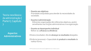 Teoria neoclássica
da administração |
ParteV,Capítulo
7
 Quanto aos objetivos
Prioridades estipuladas para atender às necessidades da
sociedade.
 Quanto à administração
Diferentes organizações têm diferentes objetivos, porém
semelhantes nas funções administrativas e na organização.
 Quanto ao desempenho individual
Refere-se a eficácia e a eficiência
Eficácia (resultado)= Ato de alcançar os resultados desejados.
Eficiência (processo) = Capacidade de produzir o resultado da
melhor forma.
Aspectos
Administrativos
Prfª Fernanda Couceiro | fernanda.facx@hotmail.com | FACX | 2016.1
 