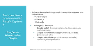 Teoria neoclássica
da administração |
ParteV,Capítulo
7
 Refere-se às relações interpessoais dos administradores e seus
subordinados.
 Comunicação
 Liderança
 Motivação
1. Abrangência da direção
 Direção global: direção propriamente dita; presidência;
nível estratégico.
 Direção departamental: departamento ou unidade;
gerência; nível tático
 Direção operacional: grupo de pessoas ou tarefas;
supervisão; nível operacional.
Funções do
Administrador:
Direção
Prfª Fernanda Couceiro | fernanda.facx@hotmail.com | FACX | 2016.1
 