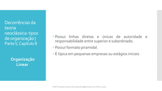 Decorrências da
teoria
neoclássica: tipos
deorganização |
ParteV,Capítulo 8
 Possui linhas diretas e únicas de autoridade e
responsabilidade entre superior e subordinado.
 Possui formato piramidal.
 É típica em pequenas empresas ou estágios iniciais
Organização
Linear
Profª Fernanda Couceiro | fernanda.facx@hotmail.com | FACX | 2016.1
 