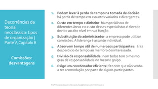Decorrências da
teoria
neoclássica: tipos
deorganização |
ParteV,Capítulo 8
1. Podem levar à perda de tempo na tomada de decisão:
há perda de tempo em assuntos variados e divergentes.
2. Custo em tempo e dinheiro: há especialistas de
diferentes áreas e o custo desses especialistas é elevado
devido ao alto nível em sua função.
3. Substituição do administrador: a empresa pode utilizar
comissões. A liderança é assunto individual.
4. Absorvem tempo útil de numerosos participantes: traz
desperdício de tempo ao membro desinteressado.
5. Divisão da responsabilidade: nem todos tem o mesmo
grau de responsabilidade no mesmo grupo.
6. Exige um coordenador eficiente: faz com que não venha
a ter acomodação por parte de alguns participantes.
Comissões:
desvantagens
Profª Fernanda Couceiro | fernanda.facx@hotmail.com | FACX | 2016.1
 