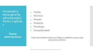 Introdução à
teoria geral da
administração |
Parte I,Capítulo
1
1. Tarefas
2. Estrutura
3. Pessoas
4. Ambiente
5. Tecnologia
6. Competitividade
Cada teoria administrativa privilegia ou enfatiza uma ou mais
dessas seis variáveis.
Teorias
administrativas
Prfª Fernanda Couceiro | fernanda.facx@hotmail.com | FACX | 2016.1
 