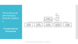 Teoria clássica da
administração |
Parte III,Capítulo
4
Funções básicas
da empresa
Prfª Fernanda Couceiro | fernanda.facx@hotmail.com | FACX | 2016.1
Funções
administrativas
Funções
técnicas
Funções
comercias
Funções
financeiras
Funções de
segurança
Funções
contábeis
Prever
Organizar
Comandar
Coordenar
Controlar
 
