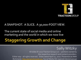 A SNAPSHOT.  A SLICE.  A 30,000-FOOT VIEW. The current state of social media and online marketing and the world in which we now live Staggering Growth and Change Sally Witzky All slides © 2010 Traction Group LLC  - portions owned by  the respective research and content providers.  Either way - all rights reserved.  Slides dated April 22, 2010. Presented at AMA Richmond, http://amarichmond.org, Social Media SIG (special interest group) 