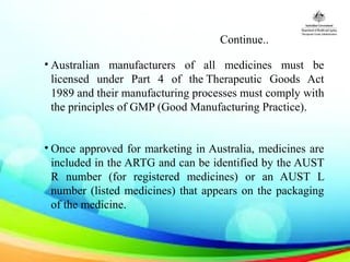 Continue..
• Australian manufacturers of all medicines must be
licensed under Part 4 of the Therapeutic Goods Act
1989 and their manufacturing processes must comply with
the principles of GMP (Good Manufacturing Practice).
• Once approved for marketing in Australia, medicines are
included in the ARTG and can be identified by the AUST
R number (for registered medicines) or an AUST L
number (listed medicines) that appears on the packaging
of the medicine.
 