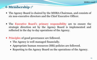  Membership :7
 The Agency Board is chaired by the MHRA Chairman, and consists of
six non-executive directors and the Chief Executive Officer.
 The Executive Board’s primary responsibility are to ensure the
strategic direction set by the Agency Board is implemented and
reflected in the day to day operations of the Agency.
 Principles of good governance are followed.
 The Agency is well managed financially.
 Appropriate human resources (HR) policies are followed.
 Reporting to the Agency Board on the operations of the Agency.
24
MHRA contd….
 