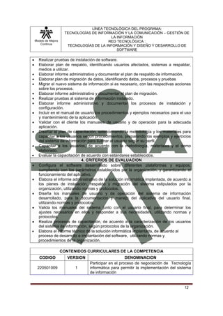 LÍNEA TECNOLÓGICA DEL PROGRAMA:
                        TECNOLOGÍAS DE INFORMACIÓN Y LA COMUNICACIÓN – GESTIÓN DE
                                             LA INFORMACIÓN
    Modelo de Mejora                        RED TECNOLÓGICA :
       Continua
                         TECNOLOGÍAS DE LA INFORMACIÓN Y DISEÑO Y DESARROLLO DE
                                                SOFTWARE

•     Realizar pruebas de instalación de software.
•     Elaborar plan de respaldo, identificando usuarios afectados, sistemas a respaldar,
      medios a utilizar.
•     Elaborar informe administrativo y documentar el plan de respaldo de información.
•     Elaborar plan de migración de datos, identificando datos, procesos y pruebas
•     Migrar el nuevo sistema de información si es necesario, con las respectivas acciones
      sobre los procesos.
•     Elaborar informe administrativo y documentar el plan de migración.
•     Realizar pruebas al sistema de información instalado.
•     Elaborar informe administrativo y documentar los procesos de instalación y
      configuración.
•     Incluir en el manual de usuario los procedimientos y ejemplos necesarios para el uso
      y mantenimiento de la aplicación.
•     Validar con el cliente los manuales de usuario y de operación para la adecuada
      aplicación.
•     Diseñar el plan de capacitación, seleccionando la metodología y los materiales para
      capacitar a los usuarios según procedimientos, preparando los ejemplos y ejercicios
      del sistema de información para ilustrar al usuario según su perfil.
•     Capacitar a los usuarios, de acuerdo con la metodología, materiales y el demo
      elaborado.
•     Evaluar la capacitación de acuerdo con estándares establecidos.
                              4. CRITERIOS DE EVALUACION
•     Configura el software desarrollado sobre diferentes plataformas y equipos,
      cumpliendo con los parámetros establecidos por la organización, y garantizando el
      funcionamiento del aplicativo.
•     Elabora el informe administrativo de la solución informática implantada, de acuerdo a
      los planes de instalación, respaldo y migración del sistema estipulados por la
      organización, utilizando normas y protocolos.
•     Diseña los manuales de usuario y de operación del sistema de información
      desarrollado, para la documentación y manejo del aplicativo del usuario final,
      utilizando normas y protocolos.
•     Valida los manuales del sistema junto con el usuario final, para determinar los
      ajustes necesarios en ellos y responder a sus necesidades, utilizando normas y
      protocolos.
•     Realiza procesos de capacitación, de acuerdo a la caracterización de los usuarios
      del sistema de información, según protocolos de la organización.
•     Elabora el informe técnico de la solución informática implantada, de acuerdo al
      proceso de desarrollo e implantación del software, utilizando normas y
      procedimientos de la organización.

                       CONTENIDOS CURRICULARES DE LA COMPETENCIA
       CODIGO             VERSION                       DENOMINACION
                                    Participar en el proceso de negociación de Tecnología
     220501009               1      informática para permitir la implementación del sistema
                                    de información


                                                                                       12
 