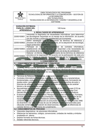LÍNEA TECNOLÓGICA DEL PROGRAMA:
                    TECNOLOGÍAS DE INFORMACIÓN Y LA COMUNICACIÓN – GESTIÓN DE
                                         LA INFORMACIÓN
 Modelo de Mejora                       RED TECNOLÓGICA :
    Continua
                     TECNOLOGÍAS DE LA INFORMACIÓN Y DISEÑO Y DESARROLLO DE
                                            SOFTWARE

   DURACIÓN ESTIMADA
   PARA EL LOGRO DEL                                      140 horas
        APRENDIZAJE
                            2. RESULTADOS DE APRENDIZAJE
                  Interpretar el diagnóstico de necesidades informáticas, para determinar
22050100901 las tecnológicas requeridas en el manejo de la información, de acuerdo
                  con las normas y protocolos establecidos por la empresa
                  Definir estrategias para la elaboración de términos de referencia y
22050100902 procesos de evaluación de proveedores, en la adquisición de tecnología,
                  según protocolos establecidos
                  Participar en los perfeccionamientos de contratos informáticos,
22050100903 estableciendo cláusulas técnicas, que respondan a las necesidades de
                  los actores de la negociación, de acuerdo con la ley de contratación
                  Elaborar el informe sobre el cumplimiento de los términos de referencia
                  previstos en la negociación, de acuerdo con la participación de cada uno
22050100904
                  de los actores en relación con la satisfacción de los bienes informáticos
                  contratados y recibidos, según normas y protocolos de la organización
                                     3. CONOCIMIENTOS
3.1 CONOCIMIENTOS DE CONCEPTOS Y PRINCIPIOS
• Tecnología informática: Conceptos de Hardware y Software (términos inglés-
    español), tendencias de fabricación, mercado en el ámbito nacional e internacional.
• Planos: Tipos (corriente, lógicos y de distribución física), técnicas de lectura.
• Soluciones informáticas: diagnóstico de necesidades, elaboración de referentes
    técnicos.
• Términos de Referencia: Conceptos, elaboración, asesoramiento.
• Contratos Informáticos: Conceptos, naturaleza, tipos, principios y características
    fundamentales, evaluación y calificación de ofertas y proveedores, formulación de
    ajustes sobre parámetros técnicos, cláusulas legales sobre derechos de autor y
    licencias de software, mecanismos para la definición de diferencias de carácter
    técnico y de estándares de cumplimiento.
• Normatividad de contratación estatal y privada: Ley 80 de 2003, Decreto 2170 de
    2002, Ley 816 de 2003, Ley 789 de 2002, Código de Comercio y Código Civil,
    Decreto 855 de 1994, Marco Jurídico para contratación de bienes informáticos.
• Evaluación de Tecnología Informática: Recepción de bienes informáticos, Formatos,
    técnicas para Interpretación de documentación, funcionamiento y operación de los
    equipos instalados, planos de instalación (distribución física, de conexiones de
    corriente y lógicas), ley de protección al consumidor, ley 783 de 1981, Decreto 3466
    de diciembre 2 de 1982, licencias de uso de software, reglas internacionales para
    cláusulas comerciales, formulación de observaciones, definición de diferencias de
    carácter técnico y de estándares de cumplimiento..
3.2 CONOCIMIENTOS DE PROCESO
• Interpretar diagnósticos de soluciones informáticas.
• Diferenciar los elementos, códigos, convenciones, unidades de medida y símbolos
    empleados en planos
• Diseñar formatos de fichas técnicas.
• Detallar referentes técnicos.


                                                                                       13
 