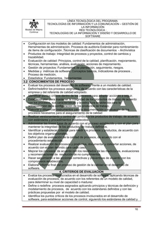 LÍNEA TECNOLÓGICA DEL PROGRAMA:
                       TECNOLOGÍAS DE INFORMACIÓN Y LA COMUNICACIÓN – GESTIÓN DE
                                            LA INFORMACIÓN
    Modelo de Mejora                       RED TECNOLÓGICA :
       Continua
                        TECNOLOGÍAS DE LA INFORMACIÓN Y DISEÑO Y DESARROLLO DE
                                               SOFTWARE

•  Configuración en los modelos de calidad: Fundamentos de administración,
   Herramientas de administración. Procesos de auditoria Estándar para nombramiento
   de ítems de configuración ,Técnicas de clasificación de documentos - Archivística
• Productos de trabajo: Integridad de procesos y proyectos, control de cambios y
   trazabilidad.
• Evaluación de calidad: Principios, control de la calidad, planificación, mejoramiento,
   técnicas, herramientas, análisis, evaluación, acciones de mejoramiento.
• Gestión de proyectos: Fundamentos de planeación, seguimiento, riesgos.
• Medidas y métricas de software: Conceptos básicos, Indicadores de procesos ,
   Proceso de medición,
• Estadística: Fundamentos, herramientas
3.2 CONOCIMIENTOS DE PROCESO
• Evaluar los procesos del desarrollo de software, frente a un modelo de calidad.
• Definir/redefinir los procesos asignados, de acuerdo con las características de la
   empresa y del referente de calidad adoptado.
• Identificar puntos críticos dentro de los procesos para adoptar acciones a seguir.
• Establecer plan para mantener la integridad de los productos de trabajo de acuerdo
   con los procesos, sus características y la estructura establecida para la
   administración de la configuración de los productos de trabajo.
• Elaborar y diligenciar instrumentos para la documentación y evaluación de los
   procesos necesarios para el aseguramiento de la calidad
• Realizar versionamiento y control de cambios a los productos de trabajo, de acuerdo
   con estándares y procedimientos establecidos.
• Administrar las líneas base de acuerdo con el proceso establecido y con el plan para
   mantener la integridad de los productos de trabajo definidos.
• Identificar y establecer criterios para medir los procesos y productos, de acuerdo con
   los objetivos organizacionales.
• Definir plan de evaluación de la calidad de procesos, de acuerdo con el
   procedimiento establecido.
• Realizar evaluación de procesos y productos, documentar y concertar acciones, de
   acuerdo con el plan definido para cada caso.
• Mejorar los procesos, de acuerdo con los resultados de las mediciones, evaluaciones
   y recomendaciones de resolución de no cumplimientos.
• Hacer seguimiento a las acciones correctivas y preventivas de acuerdo con los
   compromisos establecidos.
• Elaborar informe final del proceso de gestión de la calidad en el desarrollo de
   software.
                             4. CRITERIOS DE EVALUACION
• Evalúa los procesos involucrados en el desarrollo de software, aplicando técnicas de
   evaluación de procesos, de acuerdo con los referentes de un modelo de calidad,
   para determinar su nivel de capacidad o madurez
• Define o redefine procesos asignados aplicando principios y técnicas de definición y
   modelamiento de procesos, de acuerdo con los estándares definidos y con las
   prácticas propuestas por el modelo de calidad.
• Identifica los puntos críticos de los procesos involucrados en el desarrollo de
   software, para establecer acciones de control, siguiendo los estándares de calidad y


                                                                                    16
 