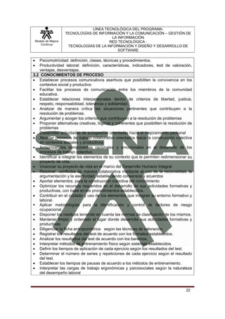 LÍNEA TECNOLÓGICA DEL PROGRAMA:
                       TECNOLOGÍAS DE INFORMACIÓN Y LA COMUNICACIÓN – GESTIÓN DE
                                            LA INFORMACIÓN
    Modelo de Mejora                       RED TECNOLÓGICA :
       Continua
                        TECNOLOGÍAS DE LA INFORMACIÓN Y DISEÑO Y DESARROLLO DE
                                               SOFTWARE

•  Psicomotricidad: definición, clases, técnicas y procedimientos.
•  Productividad laboral: definición, características, indicadores, test de valoración,
   ventajas, desventajas.
3.2 CONOCIMIENTOS DE PROCESO
• Establecer procesos comunicativos asertivos que posibiliten la convivencia en los
   contextos social y productivo
• Facilitar los procesos de comunicación entre los miembros de la comunidad
   educativa.
• Establecer relaciones interpersonales dentro de criterios de libertad, justicia,
   respeto, responsabilidad, tolerancia y solidaridad.
• Analizar de manera crítica las situaciones pertinentes que contribuyen a la
   resolución de problemas.
• Argumentar y acoger los criterios que contribuyen a la resolución de problemas
• Proponer alternativas creativas, lógicas y coherentes que posibiliten la resolución de
   problemas
• Desarrollar actividades de autogestión orientadas hacia el mejoramiento personal
• Abordar procesos de trabajo colaborativo orientados hacia la construcción colectiva
   en contextos sociales y productivos.
• Armonizar los componentes racionales y emocionales en el desarrollo de los
   procesos de trabajo colectivo.
• Identificar e integrar los elementos de su contexto que le permiten redimensionar su
   proyecto de vida.
• Vivenciar su proyecto de vida en el marco del Desarrollo Humano Integral
• Resolver conflictos de manera colaborativa mediante el uso de la racionalidad, la
   argumentación y la asertividad, estableciendo consensos y acuerdos
• Aportar elementos para la construcción colectiva del conocimiento
• Optimizar los recursos requeridos en el desarrollo de sus actividades formativas y
   productivas, con base en los procedimientos establecidos.
• Contribuir en el cuidado y uso de los elementos que integran su entorno formativo y
   laboral.
   Aplicar metodologías para la identificación y control de factores de riesgo
   ocupacional
• Disponer los residuos teniendo en cuenta las normas de clasificación de los mismos.
• Mantener limpio y ordenado el lugar donde desarrolla sus actividades formativas y
   productivas
• Diligenciar la ficha antropométrica según las técnicas de valoración.
• Registrar los resultados del test de acuerdo con los formatos establecidos.
• Analizar los resultados del test de acuerdo con los baremos.
• Interpretar métodos de entrenamiento físico según sistemas establecidos.
• Definir los tiempos de aplicación de cada ejercicio según los resultados del test.
• Determinar el número de series y repeticiones de cada ejercicio según el resultado
   del test.
• Establecer los tiempos de pausas de acuerdo a los métodos de entrenamiento.
• Interpretar las cargas de trabajo ergonómicas y psicosociales según la naturaleza
   del desempeño laboral



                                                                                    22
 