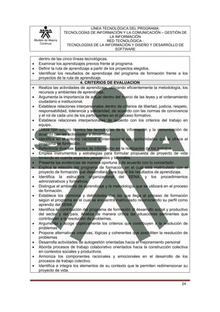 LÍNEA TECNOLÓGICA DEL PROGRAMA:
                       TECNOLOGÍAS DE INFORMACIÓN Y LA COMUNICACIÓN – GESTIÓN DE
                                            LA INFORMACIÓN
    Modelo de Mejora                       RED TECNOLÓGICA :
       Continua
                        TECNOLOGÍAS DE LA INFORMACIÓN Y DISEÑO Y DESARROLLO DE
                                               SOFTWARE

       dentro de las cinco líneas tecnológicas.
•      Examinar los aprendizajes previos frente al programa.
•      Definir la ruta de aprendizaje a partir de los proyectos elegidos.
•      Identificar los resultados de aprendizaje del programa de formación frente a los
       proyectos de la ruta de aprendizaje.
                                4. CRITERIOS DE EVALUACION
•      Realiza las actividades de aprendizaje, utilizando eficientemente la metodología, los
       recursos y ambientes de aprendizaje.
•      Argumenta la importancia de actuar dentro del marco de las leyes y el ordenamiento
       ciudadano e institucional.
•      Establece relaciones interpersonales dentro de criterios de libertad, justicia, respeto,
       responsabilidad, tolerancia y solidaridad, de acuerdo con las normas de convivencia
       y el rol de cada uno de los participantes en el proceso formativo.
•      Establece relaciones interpersonales de acuerdo con los criterios del trabajo en
       equipo.
•      Utiliza con criterio técnico las tecnologías de la información y la comunicación de
       acuerdo con las actividades a desarrollar.
•      Identifica en el entorno nacional e internacional las oportunidades que le ofrece el
       programa de formación.
•      Referencia diversas fuentes de información en la realización de los trabajos.
•      Emplea instrumentos y estrategias para formular propuesta de proyecto de vida
       teniendo en cuenta aspectos personales y laborales.
•      Presenta las evidencias de manera oportuna y de acuerdo con lo concertado.
•      Explica la relación del programa de formación en el cual está matriculado con el
       proyecto de formación que desarrollará para lograr los resultados de aprendizaje.
•      Identifica la estructura organizacional del SENA, y los procedimientos
       administrativos y formativos.
•      Distingue el ambiente de aprendizaje y la metodología que se utilizará en el proceso
       de formación.
•      Establece los dominios y debilidades con las que llega al proceso de formación
       según el programa en el cual se encuentra matriculado reconociendo su perfil como
       aprendiz del SENA.
•      Identifica la contribución del programa de formación al desarrollo social y productivo
       del sector y del país. Analiza de manera crítica las situaciones pertinentes que
       contribuyen a la resolución de problemas.
•      Argumenta y acoge objetivamente los criterios que contribuyen a la resolución de
       problemas
•      Propone alternativas creativas, lógicas y coherentes que posibiliten la resolución de
       problemas
•      Desarrolla actividades de autogestión orientadas hacia el mejoramiento personal
•      Aborda procesos de trabajo colaborativo orientados hacia la construcción colectiva
       en contextos sociales y productivos.
•      Armoniza los componentes racionales y emocionales en el desarrollo de los
       procesos de trabajo colectivo.
•      Identifica e integra los elementos de su contexto que le permiten redimensionar su
       proyecto de vida.


                                                                                           24
 