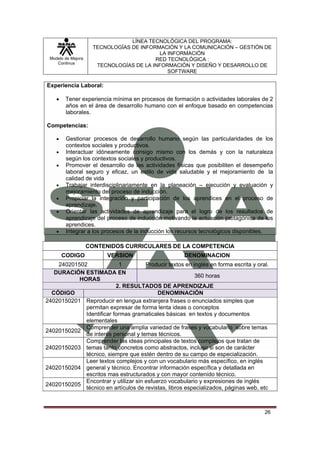 LÍNEA TECNOLÓGICA DEL PROGRAMA:
                     TECNOLOGÍAS DE INFORMACIÓN Y LA COMUNICACIÓN – GESTIÓN DE
                                          LA INFORMACIÓN
 Modelo de Mejora                        RED TECNOLÓGICA :
    Continua
                      TECNOLOGÍAS DE LA INFORMACIÓN Y DISEÑO Y DESARROLLO DE
                                             SOFTWARE

Experiencia Laboral:

    •    Tener experiencia mínima en procesos de formación o actividades laborales de 2
         años en el área de desarrollo humano con el enfoque basado en competencias
         laborales.

Competencias:

    •    Gestionar procesos de desarrollo humano según las particularidades de los
         contextos sociales y productivos.
    •    Interactuar idóneamente consigo mismo con los demás y con la naturaleza
         según los contextos sociales y productivos.
    •    Promover el desarrollo de las actividades físicas que posibiliten el desempeño
         laboral seguro y eficaz, un estilo de vida saludable y el mejoramiento de la
         calidad de vida
    •    Trabajar interdisciplinariamente en la planeación – ejecución y evaluación y
         mejoramiento del proceso de inducción.
    •    Propiciar la integración y participación de los aprendices en el proceso de
         aprendizaje.
    •    Orientar las actividades de aprendizaje para el logro de los resultados de
         aprendizaje del proceso de inducción motivando la actuación protagónica de los
         aprendices.
    •    Integrar a los procesos de la inducción los recursos tecnológicos disponibles.

                    CONTENIDOS CURRICULARES DE LA COMPETENCIA
        CODIGO           VERSION                      DENOMINACION
    240201502              1          Producir textos en inglés en forma escrita y oral.
   DURACIÓN ESTIMADA EN
                                                          360 horas
           HORAS
                          2. RESULTADOS DE APRENDIZAJE
  CÓDIGO                                   DENOMINACIÓN
24020150201 Reproducir en lengua extranjera frases o enunciados simples que
             permitan expresar de forma lenta ideas o conceptos
             Identificar formas gramaticales básicas en textos y documentos
             elementales
             Comprender una amplia variedad de frases y vocabulario sobre temas
24020150202
             de interés personal y temas técnicos.
             Comprender las ideas principales de textos complejos que tratan de
24020150203 temas tanto concretos como abstractos, incluso si son de carácter
             técnico, siempre que estén dentro de su campo de especialización.
             Leer textos complejos y con un vocabulario más específico, en inglés
24020150204 general y técnico. Encontrar información específica y detallada en
             escritos mas estructurados y con mayor contenido técnico.
             Encontrar y utilizar sin esfuerzo vocabulario y expresiones de inglés
24020150205
             técnico en artículos de revistas, libros especializados, páginas web, etc



                                                                                      26
 