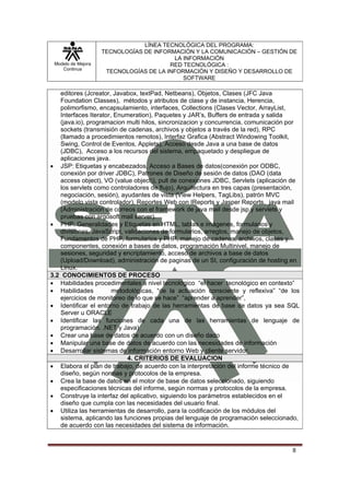 LÍNEA TECNOLÓGICA DEL PROGRAMA:
                    TECNOLOGÍAS DE INFORMACIÓN Y LA COMUNICACIÓN – GESTIÓN DE
                                         LA INFORMACIÓN
 Modelo de Mejora                       RED TECNOLÓGICA :
    Continua
                     TECNOLOGÍAS DE LA INFORMACIÓN Y DISEÑO Y DESARROLLO DE
                                            SOFTWARE

   editores (Jcreator, Javabox, textPad, Netbeans), Objetos, Clases (JFC Java
   Foundation Classes), métodos y atributos de clase y de instancia, Herencia,
   polimorfismo, encapsulamiento, interfaces, Collections (Clases Vector, ArrayList,
   Interfaces Iterator, Enumeration), Paquetes y JAR’s, Buffers de entrada y salida
   (java.io), programacion multi hilos, sincronizacion y concurrencia, comunicación por
   sockets (transmisión de cadenas, archivos y objetos a través de la red), RPC
   (llamado a procedimientos remotos), Interfaz Grafica (Abstract Windowing Toolkit,
   Swing, Control de Eventos, Applets), Acceso desde Java a una base de datos
   (JDBC), Acceso a los recursos del sistema, empaquetado y despliegue de
   aplicaciones java.
• JSP: Etiquetas y encabezados, Acceso a Bases de datos(conexión por ODBC,
   conexión por driver JDBC), Patrones de Diseño de sesión de datos (DAO (data
   access object), VO (value object)), pull de conexiones JDBC, Servlets (aplicación de
   los servlets como controladores de flujo), Arquitectura en tres capas (presentación,
   negociación, sesión), ayudantes de vista (View Helpers, TagLibs), patrón MVC
   (modelo vista controlador), Reportes Web con IReports y Jasper Reports, java mail
   (Administración de correos con el framework de java mail desde jsp y servlets y
   pruebas con argosoft mail server).
• PHP: Generalidades y Etiquetas en HTML, tablas e imágenes, formularios y
   divisiones, JavaScript, validaciones de formularios, arreglos, manejo de objetos,
   Fundamentos de PHP, formularios y PHP, manejo de cadenas, archivos, clases y
   componentes, conexión a bases de datos, programación Multinivel, manejo de
   sesiones, seguridad y encriptamiento, acceso de archivos a base de datos
   (Upload/Download), administración de paginas de un SI, configuración de hosting en
   Linux.
3.2 CONOCIMIENTOS DE PROCESO
• Habilidades procedimentales a nivel tecnológico “el hacer tecnológico en contexto”
• Habilidades          metodológicas, “de la actuación consciente y reflexiva” “de los
   ejercicios de monitoreo de lo que se hace” “aprender a aprender”,
• Identificar el entorno de trabajo de las herramientas de base de datos ya sea SQL
   Server u ORACLE
• Identificar las funciones de cada una de las herramientas de lenguaje de
   programación. .NET y Java)
• Crear una base de datos de acuerdo con un diseño dado
• Manipular una base de datos de acuerdo con las necesidades de información
• Desarrollar sistemas de información entorno Web y cliente servidor.
                            4. CRITERIOS DE EVALUACION
• Elabora el plan de trabajo, de acuerdo con la interpretación del informe técnico de
   diseño, según normas y protocolos de la empresa.
• Crea la base de datos en el motor de base de datos seleccionado, siguiendo
   especificaciones técnicas del informe, según normas y protocolos de la empresa.
• Construye la interfaz del aplicativo, siguiendo los parámetros establecidos en el
   diseño que cumpla con las necesidades del usuario final.
• Utiliza las herramientas de desarrollo, para la codificación de los módulos del
   sistema, aplicando las funciones propias del lenguaje de programación seleccionado,
   de acuerdo con las necesidades del sistema de información.


                                                                                    8
 