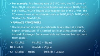 • For example: At a heating rate of 2.5°C/min, the TG curve of
NiSo47H2O indicates one curve breaks and causes NiSO41H2O,
but if NiSO47H2O is heated at a heating rate of 0.6°C/min, the
TG curve shows various breaks such as NiSO46H2O, NiSO44H2O,
NiSO42H2O, NiSO41H2O.
FURNACE ATMOSPHERE
• Decomposition of calcium carbonate takes place at a much
higher temperature, if is carried out in an atmosphere of CO2
instead of nitrogen Some reversible and irreversible reactions
takes place
A) X(solid) Y(solid) + Z(gas)
B) X(solid) Y(solid) + Z(gas)
C) X(solid) + Y(gas) Z(solid) + Z(gas)
11
 
