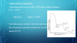 • MERCUROUS CHROMATE
Decomposition occurs after 256°C.But stable between
52°C – 256°C
Hg2CrO4 Hg2O + CrO3
• the Mercurous oxide is lost by sublimation and
the chromium trioxide remains at constant weight
above 671°C.
7
 