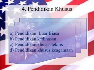 4. Pendidikan Khusus
a) Pendidikan Luar Biasa
b) Pendidikan kedinasan
c) Pendidikan khusus teknis
d) Pendidikan khusus keagamaan
 