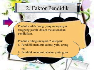 2. Faktor Pendidik
Pendidik ialah orang yang mempunyai
tanggung jawab dalam melaksanakan
pendidikan.
Pendidik dibagi menjadi 2 kategori:
a. Pendidik menurut kodrat, yaitu orang
tua
b. Pendidik menurut jabatan, yaitu guru
 