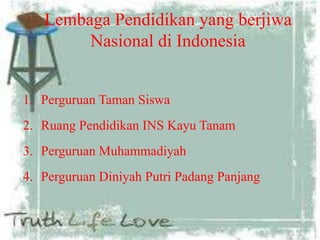 1. Perguruan Taman Siswa
2. Ruang Pendidikan INS Kayu Tanam
3. Perguruan Muhammadiyah
4. Perguruan Diniyah Putri Padang Panjang
Lembaga Pendidikan yang berjiwa
Nasional di Indonesia
 