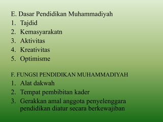 E. Dasar Pendidikan Muhammadiyah
1. Tajdid
2. Kemasyarakatn
3. Aktivitas
4. Kreativitas
5. Optimisme
F. FUNGSI PENDIDIKAN MUHAMMADIYAH
1. Alat dakwah
2. Tempat pembibitan kader
3. Gerakkan amal anggota penyelenggara
pendidikan diatur secara berkewajiban
 