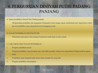 A. Tujuan pendidikan Diniyah Putri Padang panjang
Melaksanakan pendidikan dan pengajaran berdasarkan islam dengan tujuan membentuk putri yang berjiwa islam
dan ibu pendidikan yang cakap,aktif,serta bertanggung jawab
B. DASAR PENDIDIKAN DINIYAH PUTRI
Didasarkan pada ajaran islam dengan berpedoman pada alqur’an dan sunnah
C. CARA MENCAPAI TUJUAN PENDIDIKAN
1. Program pendidikan umum
2. Program pendidikan yang bertujuan agar anak didik memilki cabang ilmu pengetahuan bidang keahlian agama
islam
3. Pendidikan yang mengarah pada tujuan untuk menjadi ibu yang baik
4. Program pendidikan keterampilan
4. PERGURUAN DINIYAH PUTRI PADANG
PANJANG
 