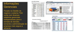 Informações
Gerenciais
Focado na Gestão do
negócio o sistema TGA
conta com diversos
relatórios gerenciais
indispensáveis para a
tomada de decisão,
tornando a administração da
empresa mais segura e
eficiente.
Gráfico de VendasCurva ABC de Vendas
Fluxo de Caixa
Demonstrativos de Resultados
 