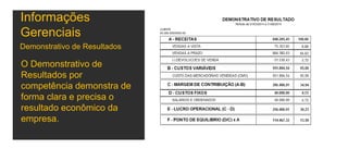 Informações
Gerenciais
O Demonstrativo de
Resultados por
competência demonstra de
forma clara e precisa o
resultado econômico da
empresa.
Demonstrativo de Resultados
 