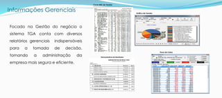 Informações Gerenciais
Focado na Gestão do negócio o
sistema TGA conta com diversos
relatórios gerenciais indispensáveis
para a tomada de decisão,
tornando a administração da
empresa mais segura e eficiente.
Gráfico de Vendas
Curva ABC de Vendas
Fluxo de Caixa
Demonstrativos de Resultados
 