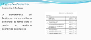 Informações Gerenciais
O Demonstrativo de
Resultados por competência
demonstra de forma clara e
precisa o resultado
econômico da empresa.
Demonstrativo de Resultados
 