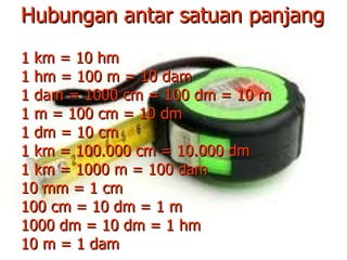 Hubungan antar satuan panjang 1 km = 10 hm 1 hm = 100 m = 10 dam 1 dam = 1000 cm = 100 dm = 10 m 1 m = 100 cm = 10 dm 1 dm = 10 cm 1 km = 100.000 cm = 10.000 dm 1 km = 1000 m = 100 dam 10 mm = 1 cm 100 cm = 10 dm = 1 m 1000 dm = 10 dm = 1 hm 10 m = 1 dam 