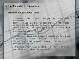5. Tipologia das Organizações

  EXEMPLO: TIPOLOGIA DE ETZIONI

            Etzioni definiu uma tipologia de organizações,
       classificando- as
       com base no uso e significado da obediência. É muito utilizada
       devido à consideração sobre os sistemas psicossociais das
       organizações. Mas não consideram muito a estrutura, a
       tecnologia
       e o ambiente externo.
    1. Organizações coercitivas: o poder é imposto pela força física
   . ou por controles baseados em prêmios ou punições.
    2. Organizações utilitárias: poder baseia-se no controle dos
     incentivos econômicos.
    3. Organizações normativas: o poder baseia-se em um consenso
     sobre objetivos e métodos de organização.
 
