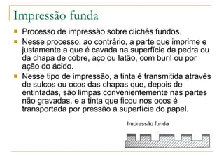 Impressão funda Processo de impressão sobre clichês fundos. Nesse processo, ao contrário, a parte que imprime e justamente a que é cavada na superfície da pedra ou da chapa de cobre, aço ou latão, com buril ou por ação do ácido. Nesse tipo de impressão, a tinta é transmitida através de sulcos ou ocos das chapas que, depois de entintadas, são limpas convenientemente nas partes não gravadas, e a tinta que ficou nos ocos é transportada por pressão à superfície do papel. Impressão funda 