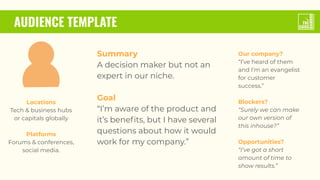 AUDIENCE TEMPLATE
Summary
A decision maker but not an
expert in our niche.
Goal
“I’m aware of the product and
it’s beneﬁts, but I have several
questions about how it would
work for my company.”
Locations
Tech & business hubs
or capitals globally
Platforms
Forums & conferences,
social media.
Our company?
“I’ve heard of them
and I’m an evangelist
for customer
success.”
Blockers?
“Surely we can make
our own version of
this inhouse?”
Opportunities?
“I’ve got a short
amount of time to
show results.”
 