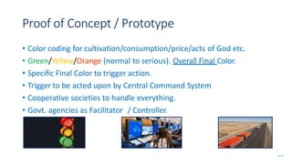 Proof of Concept / Prototype
• Color coding for cultivation/consumption/price/acts of God etc.
• Green/Yellow/Orange (normal to serious). Overall Final Color.
• Specific Final Color to trigger action.
• Trigger to be acted upon by Central Command System
• Cooperative societies to handle everything.
• Govt. agencies as Facilitator / Controller.
SL 5/7
 