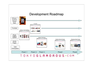 Development Roadmap
iPhone /
 Android
 Viewer
  Apps
                                            Frontsite




Frontsite
                Fashion Trend Spotting




  Photo
 Gallery
 system                                                 Beauty Technique
                                                                           Fashion Items & Goods   Shopping Spots Guide

 Article
 Pages


    User
Participation

                    Phase1.1             Phase1.2        Phase1.3               Phase2                Phase3
 