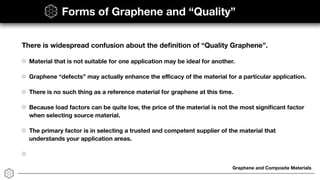 Graphene and Composite Materials
Forms of Graphene and “Quality”
There is widespread confusion about the deﬁnition of “Quality Graphene”.
Material that is not suitable for one application may be ideal for another.
Graphene “defects” may actually enhance the eﬃcacy of the material for a particular application.
There is no such thing as a reference material for graphene at this time.
Because load factors can be quite low, the price of the material is not the most signiﬁcant factor
when selecting source material.
The primary factor is in selecting a trusted and competent supplier of the material that
understands your application areas.
 