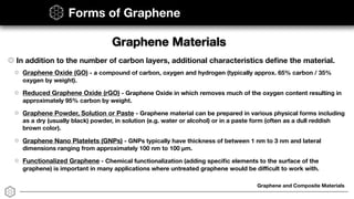 Graphene and Composite Materials
Forms of Graphene
In addition to the number of carbon layers, additional characteristics deﬁne the material.
Graphene Oxide (GO) - a compound of carbon, oxygen and hydrogen (typically approx. 65% carbon / 35%
oxygen by weight).
Reduced Graphene Oxide (rGO) - Graphene Oxide in which removes much of the oxygen content resulting in
approximately 95% carbon by weight.
Graphene Powder, Solution or Paste - Graphene material can be prepared in various physical forms including
as a dry (usually black) powder, in solution (e.g. water or alcohol) or in a paste form (often as a dull reddish
brown color).
Graphene Nano Platelets (GNPs) - GNPs typically have thickness of between 1 nm to 3 nm and lateral
dimensions ranging from approximately 100 nm to 100 µm.
Functionalized Graphene - Chemical functionalization (adding speciﬁc elements to the surface of the
graphene) is important in many applications where untreated graphene would be diﬃcult to work with.
Graphene Materials
 