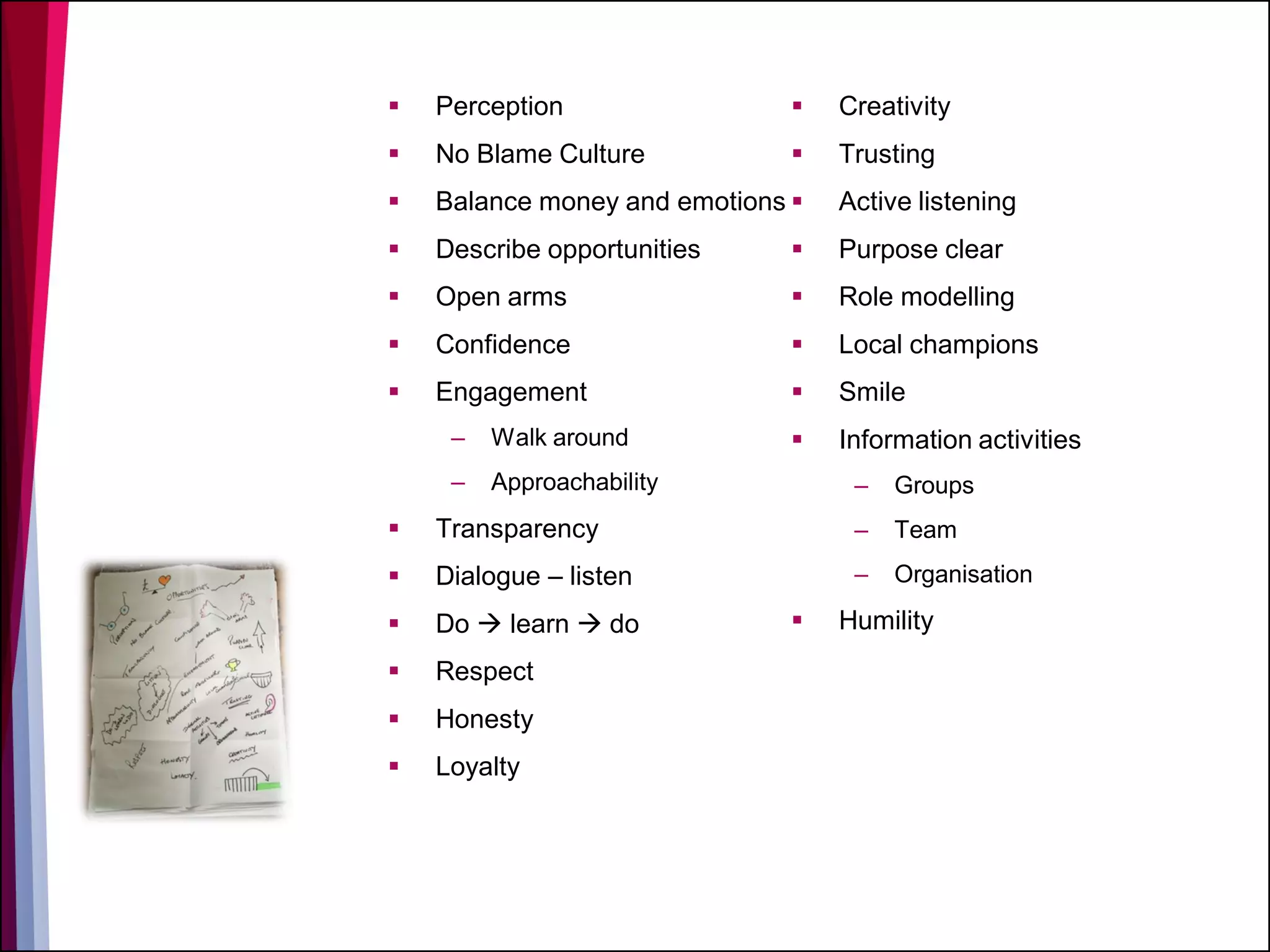  Perception
 No Blame Culture
 Balance money and emotions
 Describe opportunities
 Open arms
 Confidence
 Engagement
– Walk around
– Approachability
 Transparency
 Dialogue – listen
 Do  learn  do
 Respect
 Honesty
 Loyalty
 Creativity
 Trusting
 Active listening
 Purpose clear
 Role modelling
 Local champions
 Smile
 Information activities
– Groups
– Team
– Organisation
 Humility
 