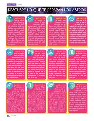 JULIO 2019
Leo(24 julio · 23 agosto)
Vienen días muy pro-
ductivos en los que se
darán maravillosas coinci-
dencias que no te podrás explicar ra-
cionalmente, pero lo importante será
que lo disfrutes. Últimamente no
dejas de pensar en formalizar tu re-
lación amorosa, pero tienes algunas
resistencias internas que debes pulir
primero. Son miedos ocultos que vie-
nen motivados por una historia del
pasado que aún no has superado del
todo. Proponte hacerlo.
Sagitario(23 nov. · 21 dic.)
Tu pareja te sorpren-
derá con un compor-
tamiento algo infantil,
pero eso sólo significará que aún les
queda mucho por aprender juntos. El
amor lo puede todo, y ambos des-
cubrirán las claves para que puedan
llegar a un mejor entendimiento.
Necesitas vaciar la mente de pen-
samientos negativos y disfrutar del
momento divertido que se va a pre-
sentar. Si cambias el chip surgirán
nuevas oportunidades en tu vida.
Tauro(21 abril · 21 mayo)
Tu economía no
atraviesa el mejor
momento, pero no debes
preocuparte: pronto se abrirán para
ti fuentes inesperadas de ingresos.
No permitas que el dinero sea un
obstáculo entre tú y tus sueños. Has
traicionado la confianza de un buen
amigo que no merecía que actuaras
de ese modo. No busques excusas ni
justificaciones: simplemente trata de
mejorar en la medida de lo posible
reparando tus errores.
Virgo (24 agosto · 23 sep.)
Este mes estarás
muy justo de dinero:
tendrás que ajustarte un
poco el cinturón, evitar gastos inne-
cesarios y hacer todo lo posible por
ahorrar cierta cantidad que te podría
hacer falta dentro de un tiempo para
hacer frente a posibles imprevistos.
Si tu pareja no se muestra todo lo
cariñosa que te gustaría, trata de
no tomarte las cosas demasiado a
pecho y entiende que ella también
tiene sus días malos.
Capricornio(22dic.·20ene.)
Para llegar al lugar
en el que deseas estar
debes ser perseverante y
tener paciencia. Podría suceder algo
que tal vez te desestabilice más de lo
deseable, pero nada ni nadie conse-
guirá derrumbarte. Si tienes un pro-
blema con alguno de tus familiares,
debes solucionarlo lo antes posible,
pues de otro modo podría agravarse
y hacerse la bola más y más grande.
Uno de tus pilares fundamentales en
la vida es la familia.
Géminis(22mayo·21junio)
No puedes seguir
bloqueando tu parte
más creativa: tienes que
observarte para así descubrir cuáles
son las creencias limitantes que están
boicoteando tu desarrollo superior. El
estrés es tu principal enemigo en
este momento: mantente alejado de
las preocupaciones. Puede que estés
atravesando momentos complicados,
pero no debes obsesionarte con ellos.
Trata de enfocarte en las soluciones
en todo momento.
Libra(24 sep. · 23 oct.)
Cuida tu alimenta-
ción y no te dejes
llevar por la ansiedad,
pues si comes en exceso perderás
buena parte de la energía que te
será necesaria para afrontar la can-
tidad enorme de tareas pendientes.
Debes superar una situación pro-
blemática que ahora mismo hay en
tu vida sin echarle la culpa a nadie.
Un amigo te ayudará si se lo pides,
pero no estás en posición de exigir
nada a nadie.
Acuario (21enero·19feb.)
Muy pronto descu-
brirás cuál es tu ver-
dadero propósito de vida,
por lo que tendrás que ponerte al
servicio de lo que sabes que se espe-
ra de ti. Te vendrán algunas excusas
a las que agarrarte para no hacerlo,
pero no debes hacer caso a ningu-
na de ellas. Debes concentrarte al
máximo en tu lista de tareas, ya que
surgirán algunos imprevistos que
tendrás que sortear de manera crea-
tiva y haciendo buenas elecciones.
Cáncer(22junio–23julio)
Estás cerca de al-
canzar un éxito aún
más grande del que has
imaginado, pero para llegar a buen
puerto tendrías que confiar más en ti
y en todo lo que estás haciendo. Los
frutos del trabajo realizado llegarán
en el momento oportuno. Un estado
de confusión mental se apoderará de
ti durante algunas horas, pero la tor-
menta pasará de repente gracias a
la llamada de un amigo muy sabio.
Escorpión(24oct.·22nov.)
No descartes cursar
alguna formación
que sea más acorde con
tus intereses actuales. Haz que las
cosas pasen y no te quedes senta-
do esperando. Vivirás momentos de
gran inspiración y creatividad, por
lo que si tienes en marcha algún
proyecto artístico, dedícale el tiempo
suficiente. Conseguirás dar forma a
algo muy bonito y valioso si haces el
trabajo necesario. No te dejes llevar
por la flojera.
Piscis(20 feb. · 20 marzo)
Uno de tus padres
insistirá demasiado
en algo con lo que tú no
estás de acuerdo, y por mucho que
salga tu lado más rebelde, en el fon-
do sabrás que tiene razón. Alguien
te dará un consejo que tendrás que
cuestionar: no habrá mala intención,
pero tal vez sea lo mejor para él y
no para ti. Si tienes que tomar una
decisión importante, confía en tu
brújula interior: allí encontrarás to-
das las respuestas.
DESCUBRE LO QUE TE DEPARAN LOS ASTROSPor: Ojo Vidente
11 / TU GUÍA CENTRAL
Aries (21 marzo · 20 abril)
Cada vez está más
cerca la fecha de un
viaje que llevas planifi-
cando mucho tiempo. Tu vida nunca
volverá a ser como antes después de
esa aventura en la que te sucederán
cosas que no esperabas. Un compa-
ñero de trabajo o de estudios dirá
algo o actuará de una manera que
te hará dudar sobre su honestidad.
Debes confiar en él al menos hasta
que no te demuestre lo contrario con
hechos concretos.
 