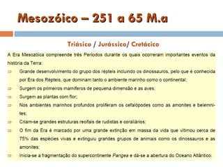 Mesozóico – 251 a 65 M.a Triásico / Jurássico / Cretácico