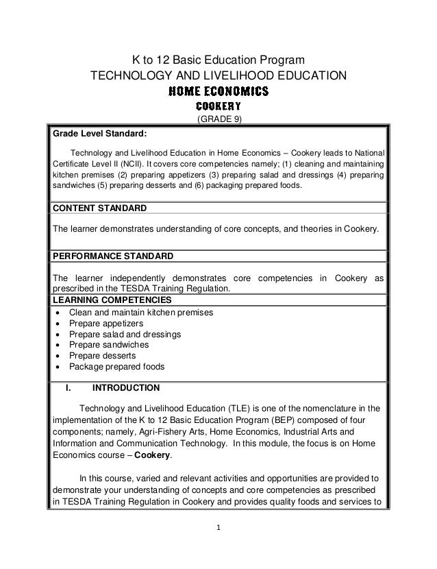 K to 12 TLE Curriculum Guide for Commercial Cooking