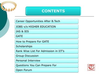 CONTENTS 
Career Opportunities After B.Tech 
JOBS v/s HIGHER EDUCATION 
IAS & IES 
GATE 
How to Prepare For GATE 
Scholarships 
Rank Wise List For Admission in IITs 
Group Discussion 
Personal Interview 
Questions You Can Prepare For 
Open Forum 
 