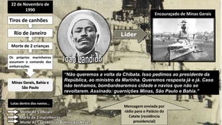 22 de Novembro de
1990
Tiros de canhões
Minas Gerais, Bahia e
São Paulo
Rio de Janeiro
Morte de 2 crianças
Os próprios marinheiros
assumem o comando das
embarcações
Encouraçado de Minas Gerais
Líder
“Não queremos a volta da Chibata. Isso pedimos ao presidente da
República, ao ministro da Marinha. Queremos resposta já e já. Caso
não tenhamos, bombardearemos cidade e navios que não se
revoltarem. Assinado: guarnições Minas, São Paulo e Bahia.”
Mensagem enviada por
rádio para o Palácio do
Catete (residência
presidencial)
Lutas dentro dos navios...
Morte de 5 oficiais
Morte de 2 marinheiros
Morte do Capitão João Batista das Neves
 