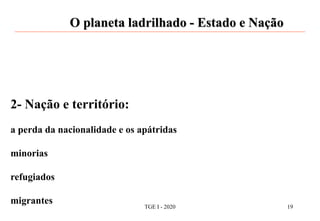 O planeta ladrilhado - Estado e Nação
2- Nação e território:
a perda da nacionalidade e os apátridas
minorias
refugiados
migrantes
TGE I - 2020 19
 
