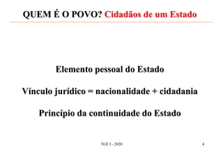 QUEM É O POVO? Cidadãos de um Estado
Elemento pessoal do Estado
Vínculo jurídico = nacionalidade + cidadania
Princípio da continuidade do Estado
TGE I - 2020 4
 