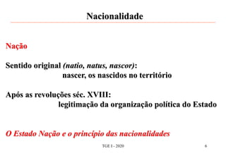 Nacionalidade
Nação
Sentido original (natio, natus, nascor):
nascer, os nascidos no território
Após as revoluções séc. XVIII:
legitimação da organização política do Estado
O Estado Nação e o princípio das nacionalidades
TGE I - 2020 6
 
