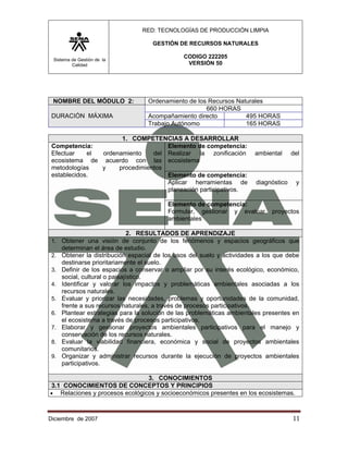 RED: TECNOLOGÍAS DE PRODUCCIÓN LIMPIA

                                          GESTIÓN DE RECURSOS NATURALES

 Sistema de Gestión de la
                                                   CODIGO 222205
         Calidad                                    VERSIÓN 50




 NOMBRE DEL MÓDULO 2:                   Ordenamiento de los Recursos Naturales
                                                           660 HORAS
 DURACIÓN MÁXIMA                        Acompañamiento directo          495 HORAS
                                        Trabajo Autónomo                165 HORAS

                      1. COMPETENCIAS A DESARROLLAR
 Competencia:                       Elemento de competencia:
 Efectuar    el ordenamiento    del Realizar la zonificación                ambiental     del
 ecosistema de acuerdo con las ecosistema
 metodologías   y    procedimientos
 establecidos.                      Elemento de competencia:
                                    Aplicar herramientas de                 diagnóstico    y
                                    planeación participativos.

                                              Elemento de competencia:
                                              Formular, gestionar y evaluar      proyectos
                                              ambientales

                             2. RESULTADOS DE APRENDIZAJE
 1. Obtener una visión de conjunto de los fenómenos y espacios geográficos que
    determinan el área de estudio.
 2. Obtener la distribución espacial de los usos del suelo y actividades a los que debe
    destinarse prioritariamente el suelo.
 3. Definir de los espacios a conservar o ampliar por su interés ecológico, económico,
    social, cultural o paisajístico.
 4. Identificar y valorar los impactos y problemáticas ambientales asociadas a los
    recursos naturales.
 5. Evaluar y priorizar las necesidades, problemas y oportunidades de la comunidad,
    frente a sus recursos naturales, a través de procesos participativos.
 6. Plantear estrategias para la solución de las problemáticas ambientales presentes en
    el ecosistema a través de procesos participativos.
 7. Elaborar y gestionar proyectos ambientales participativos para el manejo y
    conservación de los recursos naturales.
 8. Evaluar la viabilidad financiera, económica y social de proyectos ambientales
    comunitarios.
 9. Organizar y administrar recursos durante la ejecución de proyectos ambientales
    participativos.

                                3. CONOCIMIENTOS
3.1 CONOCIMIENTOS DE CONCEPTOS Y PRINCIPIOS
• Relaciones y procesos ecológicos y socioeconómicos presentes en los ecosistemas.



Diciembre de 2007                                                                         11 
 